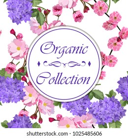 Vector highly detailed illustration of hydrangea and cherry flowers. Can be used as wedding element, design for cosmetics, perfume, beauty care products