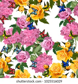 Vector highly detailed illustration of hydrangea and rose flowers. Can be used as wedding element, design for cosmetics, perfume, beauty care products