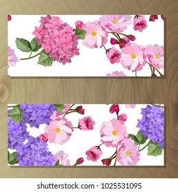 Vector highly detailed illustration of hydrangea and cherry flowers. Can be used as wedding element, design for cosmetics, perfume, beauty care products