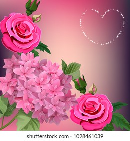 Vector highly detailed illustration of hydrangea and rose flowers. Can be used as wedding element, design for cosmetics, perfume, beauty care products