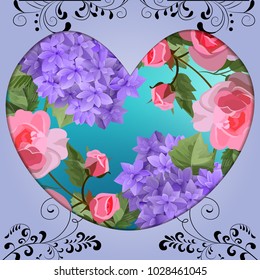 Vector highly detailed illustration of hydrangea and rose flowers. Can be used as wedding element, design for cosmetics, perfume, beauty care products