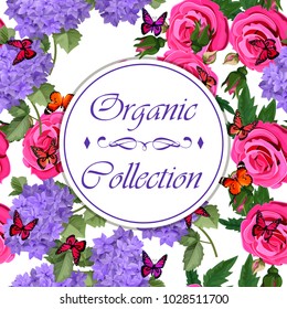 Vector highly detailed illustration of hydrangea and rose flowers. Can be used as wedding element, design for cosmetics, perfume, beauty care products