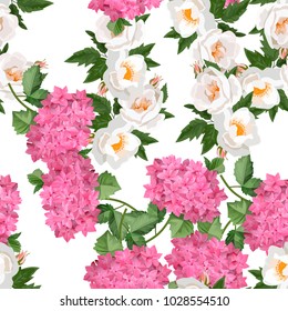 Vector highly detailed illustration of hydrangea and rose flowers. Can be used as wedding element, design for cosmetics, perfume, beauty care products