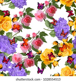 Vector highly detailed illustration of hydrangea and rose flowers. Can be used as wedding element, design for cosmetics, perfume, beauty care products