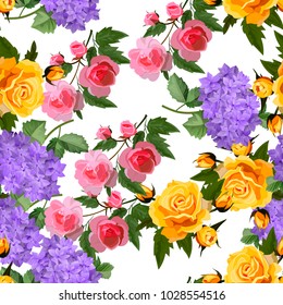 Vector highly detailed illustration of hydrangea and rose flowers. Can be used as wedding element, design for cosmetics, perfume, beauty care products