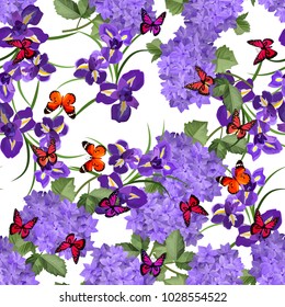 Vector highly detailed illustration of hydrangea and iris flowers. Can be used as wedding element, design for cosmetics, perfume, beauty care products