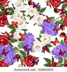 Vector highly detailed illustration of hydrangea and rose flowers. Can be used as wedding element, design for cosmetics, perfume, beauty care products