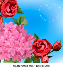 Vector highly detailed illustration of hydrangea and rose flowers. Can be used as wedding element, design for cosmetics, perfume, beauty care products