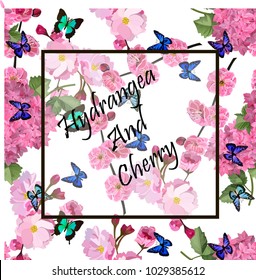 Vector highly detailed illustration of hydrangea and cherry flowers. Can be used as wedding element, design for cosmetics, perfume, beauty care products