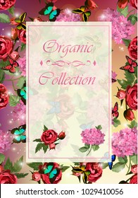 Vector highly detailed illustration of hydrangea and rose flowers. Can be used as wedding element, design for cosmetics, perfume, beauty care products