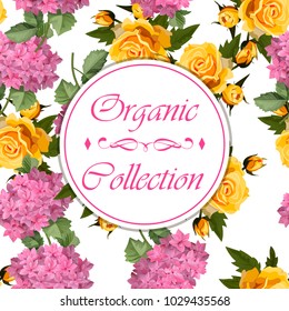Vector highly detailed illustration of hydrangea and rose flowers. Can be used as wedding element, design for cosmetics, perfume, beauty care products
