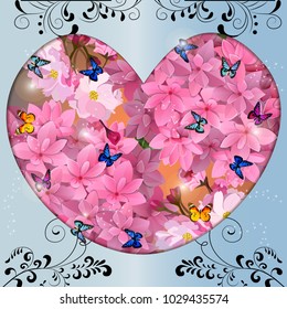Vector highly detailed illustration of hydrangea and cherry flowers. Great for wedding or valentines cards. Cosmetics element