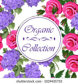 Vector highly detailed illustration of hydrangea and rose flowers. Can be used as wedding element, design for cosmetics, perfume, beauty care products
