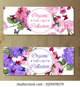 Vector highly detailed illustration of hydrangea and cherry flowers. Can be used as wedding element, design for cosmetics, perfume, beauty care products