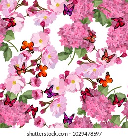 Vector highly detailed illustration of hydrangea and cherry flowers. Can be used as wedding element, design for cosmetics, perfume, beauty care products