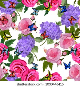 Vector highly detailed illustration of hydrangea and rose flowers. Can be used as wedding element, design for cosmetics, perfume, beauty care products