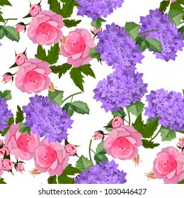 Vector highly detailed illustration of hydrangea and rose flowers. Can be used as wedding element, design for cosmetics, perfume, beauty care products