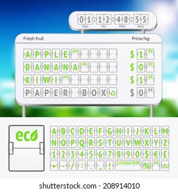 Vector highly detailed mechanical scoreboard green alphabet with numbers on white