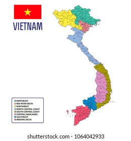 Vector highly detailed political map of Vietnam with regions and their capitals. All elements are separated in editable layers clearly labeled. EPS 10