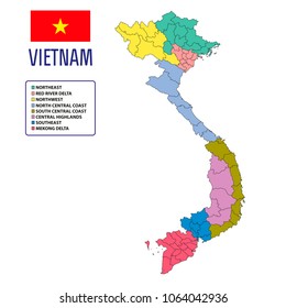 Vector highly detailed political map of Vietnam with regions and their capitals. All elements are separated in editable layers clearly labeled. EPS 10