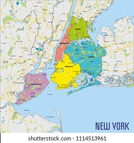 Vector highly detailed political map of New York with all regions, roads and rivers. All elements are separated in editable layers clearly labeled.EPS 10