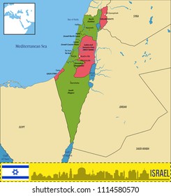 Vector highly detailed political map of Israel with regions and their capitals. All elements are separated in editable layers clearly labeled.EPS 10