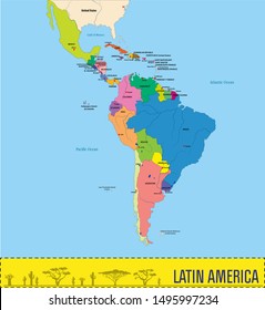 Vector highly detailed political map of Latin America and their capitals. All elements are separated in editable layers clearly labeled. EPS 10