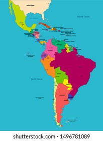 Mapa político vectorial muy detallado de América Latina y sus capitales. Todos los elementos se separan en capas editables claramente etiquetadas. EPS 10