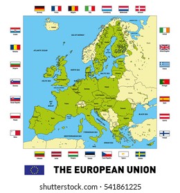 Vector highly detailed political map of The European Union with flags and capitals. All elements are separated in editable layers clearly labeled.