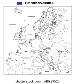 Vector highly detailed political map of The European Union with flags and capitals. All elements are separated in editable layers clearly labeled.