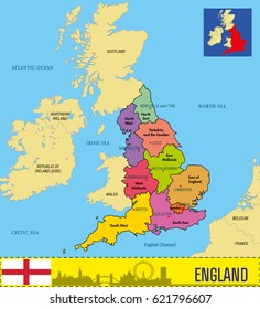 Vector highly detailed political map of England with regions and their capitals. All elements are separated in editable layers clearly labeled. EPS 10