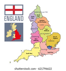 Vector highly detailed political map of England with regions and their capitals. All elements are separated in editable layers clearly labeled. EPS 10