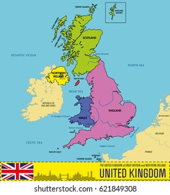 Vector highly detailed political map of The United Kingdom of Great Britain and Northern Ireland with regions and their capitals. All elements are separated in editable layers clearly labeled. EPS 10