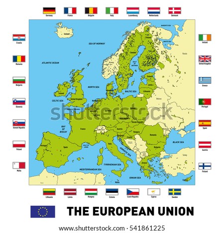 Vector highly detailed political map of The European Union with flags and capitals. All elements are separated in editable layers clearly labeled.