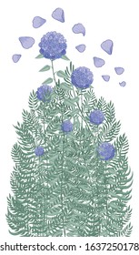 Vector highly detailed realistic illustration of purple hydrangeas and various garden herbs. This illustration can be used on wedding invitation, floral design for cosmetics and perfumery and so on.