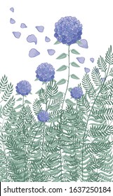 Vector highly detailed realistic illustration of purple hydrangeas and various garden herbs. This illustration can be used on wedding invitation, floral design for cosmetics and perfumery and so on.