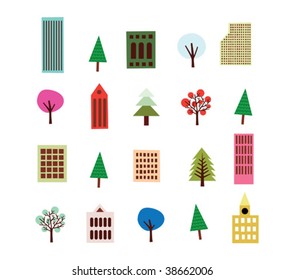 Vector Highrise Building And Tree Set