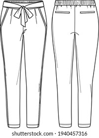 Vector hight waist trousers with side pockets, fake back pockets and splits fashion CAD, woman tapered legs pants with bow detail technical drawing, template, flat, sketch