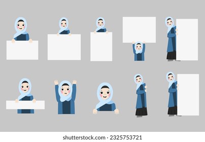 Vector hijab girl holding white board, for children book, decoration, sticker, or template. A simple vector design.