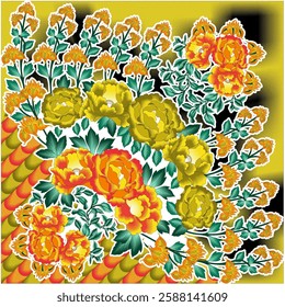 (Vector) ¼ Hijab scarf flower abstract pattern. Ethnic geometric ornament with frame motif border hijab pattern. Design for fabric, print, scarves, shawl, kerchief, bandana, clothing, pareo.