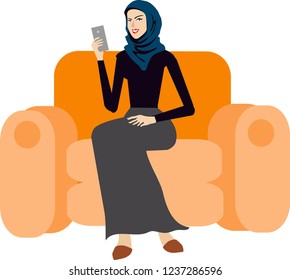 Vector - Hijab Woman Using Mobile Phone sitting on sofa