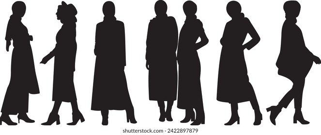 vector hijab women fashion. black white isolated. lady girl islam moslem dress style. silhouette