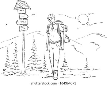 vector - excursión en el viaje , camino de las montañas