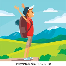 Vector hiker traveller stands on the edge of rock cliff with hands raised  up a panoramic view on green valley surroundings witn snow-capped mountain peaks on backgound horizon