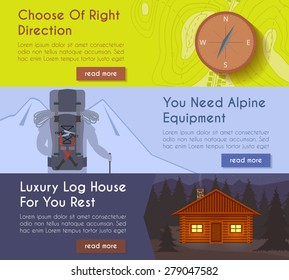 Vector hiking banners - compass and tourist map, hiking equipment, log house