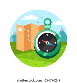 Vector hiking and camping equipment icon: map and compass. Vector flat illustration.