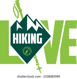 vector hiking emblem labels with mountains and trekking pole. "I love hiking"