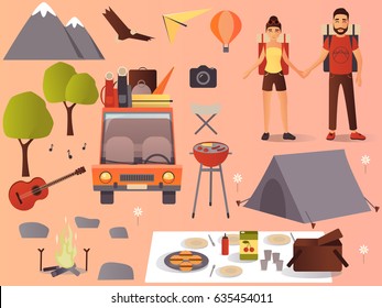 Vector hiking icons set. Travel car, camping equipment and picnic accessories collection. Young couple going hiking. Flat style design elements.
