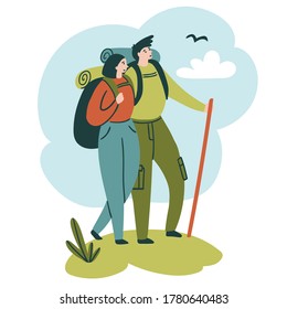 Ilustración vectorial de senderismo de estilo plano dibujado a mano. Los jóvenes se quedan en la montaña. Diseño de tarjetas de turismo. 