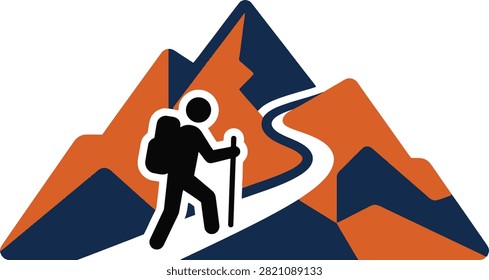 Vector hiking logo with trekker silhouette walking along winding mountain trail path icon symbol
